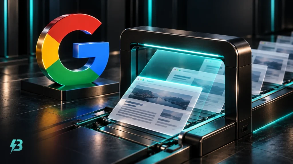 Translucent webpage sheets beneath a black scanning arch with a turquoise seam, beside a multicolour Google G.