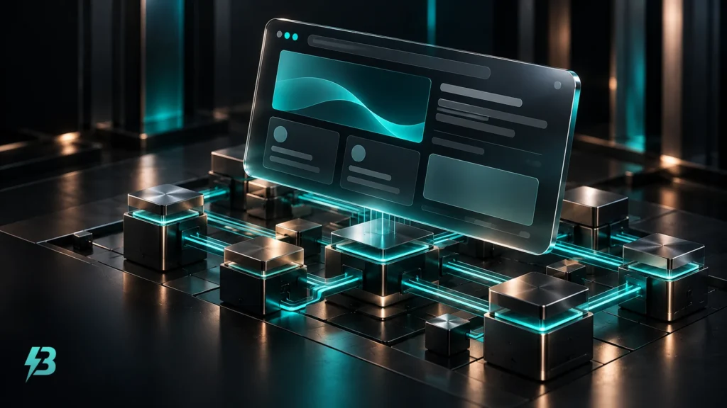 A dark translucent webpage slab above small graphite cubes linked by turquoise tracks.