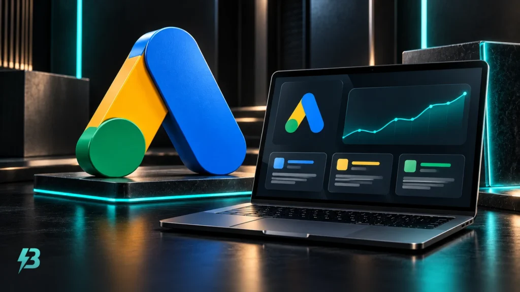 Google Ads emblem beside a laptop displaying abstract campaign cards and a simple line on a dark studio surface.