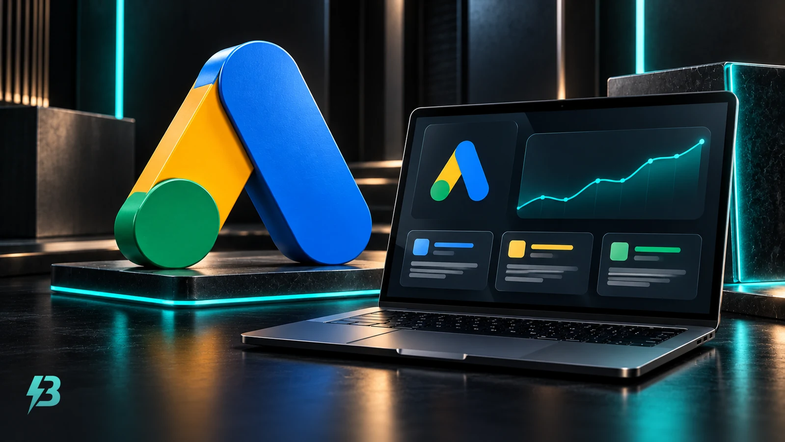 Google Ads emblem beside a laptop displaying abstract campaign cards and a simple line on a dark studio surface.