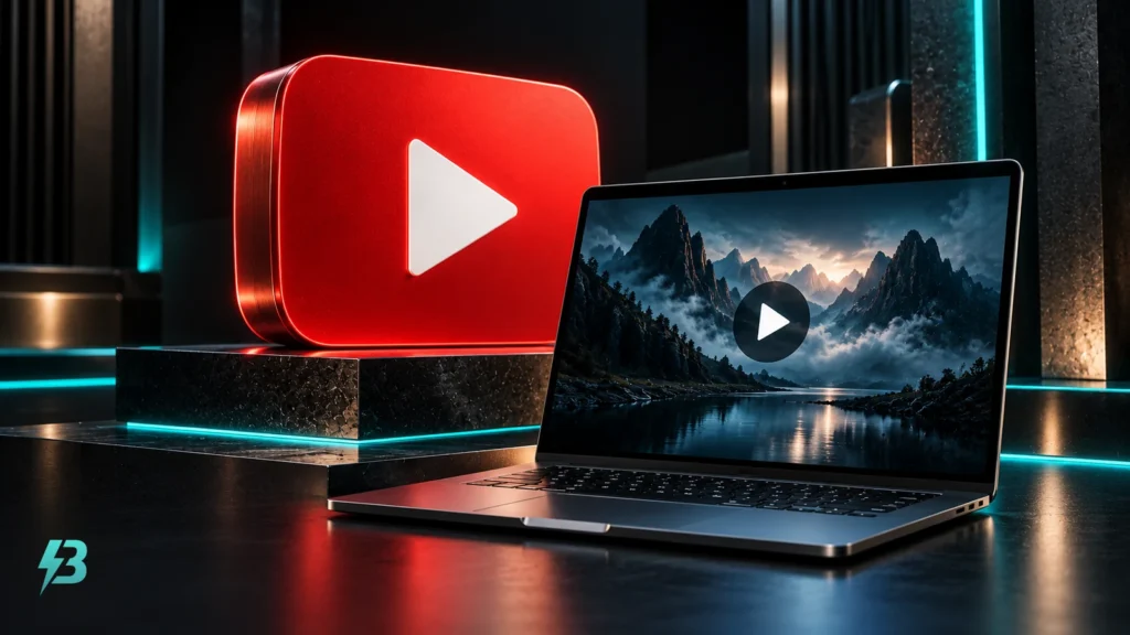 A red YouTube play plaque stands behind a screen displaying a dark video thumbnail with a white play icon.