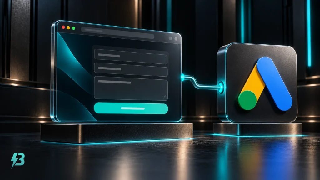A clear browser panel with abstract form fields connects by a turquoise trace to a ceramic Google Ads emblem.