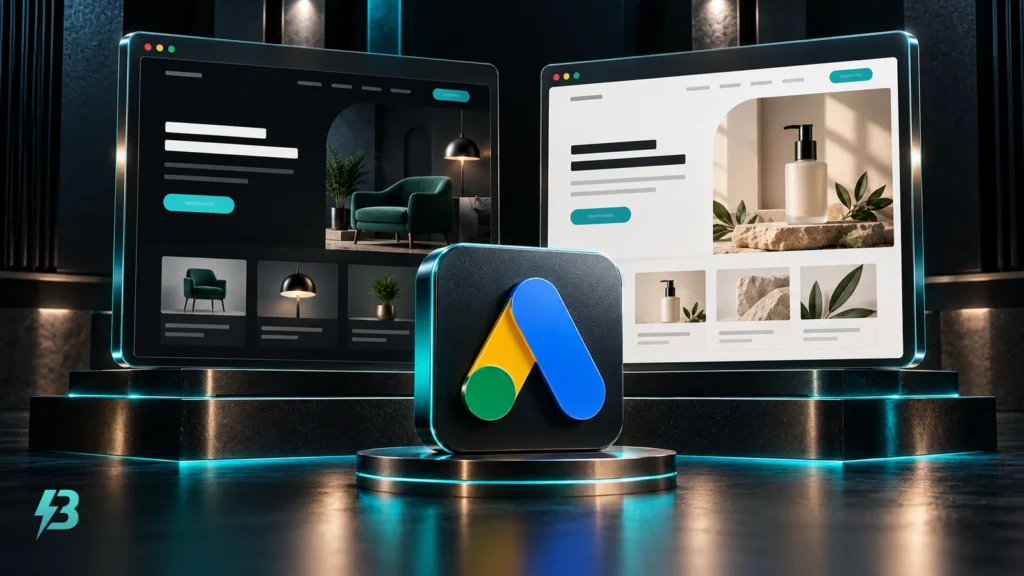 Two side-by-side graphite displays showing different webpage layouts, with a Google Ads icon in the foreground.