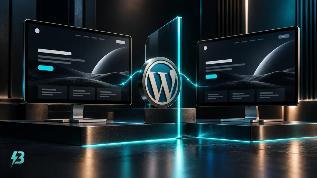 Two graphite monitors showing matching abstract websites, with a glass divider, turquoise trim and a WordPress emblem between them.
