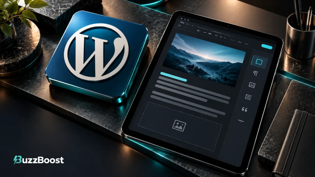 A graphite tablet shows a conceptual content editor with a landscape photograph, paragraph bars and an image placeholder beside a WordPress plaque on a dark desk. The official BuzzBoost lockup appears in the lower-left corner.
