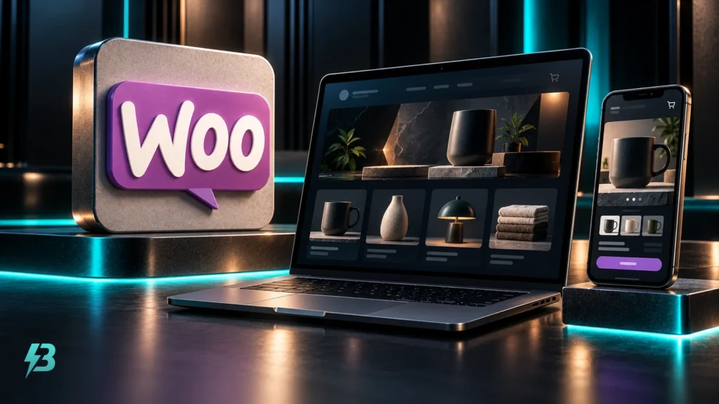 A purple WooCommerce emblem beside a graphite laptop displaying a product grid and a phone displaying a product page.