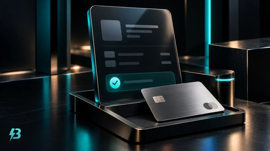 A portrait dark-glass panel with abstract form blocks, a small silver card on a black tray and a turquoise check indicator at the edge.