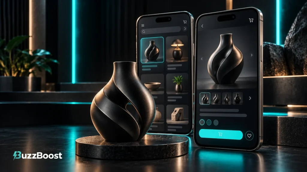 Two staggered graphite smartphones displaying a product listing and product page, with a black ceramic product in the foreground.