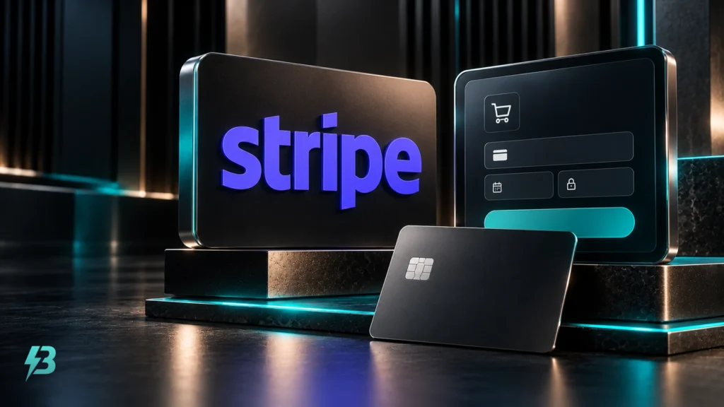 Purple Stripe wordmark on a black standing plaque beside a dark checkout panel and a blank graphite payment card.