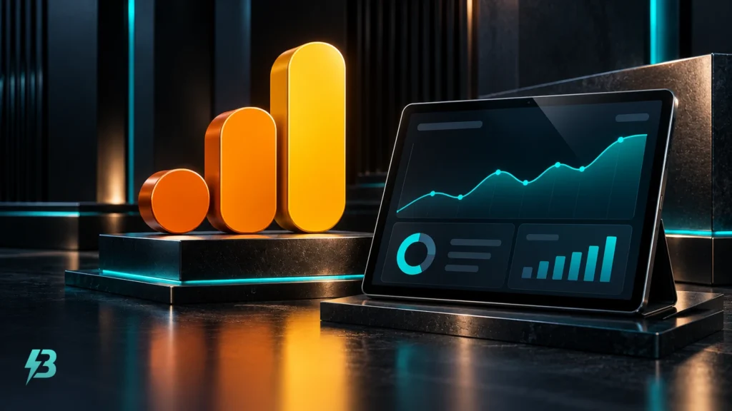 An orange-yellow Google Analytics emblem stands on a graphite plinth beside a tablet displaying an abstract line graph and report blocks.