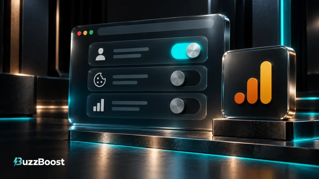 Smoked-glass browser panel behind three physical toggle switches, one illuminated turquoise, with a small Google Analytics emblem tile beside it.