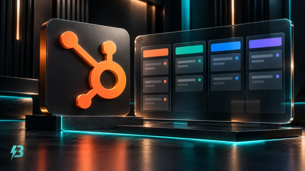 Orange HubSpot emblem on a charcoal plaque beside a smoked-glass board with four columns of cards.
