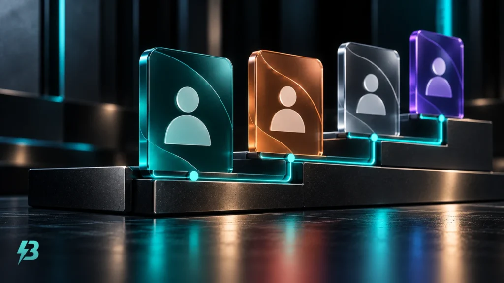 Four translucent contact cards with abstract lines and person silhouettes sit on a stepped black rail with a turquoise connecting track.