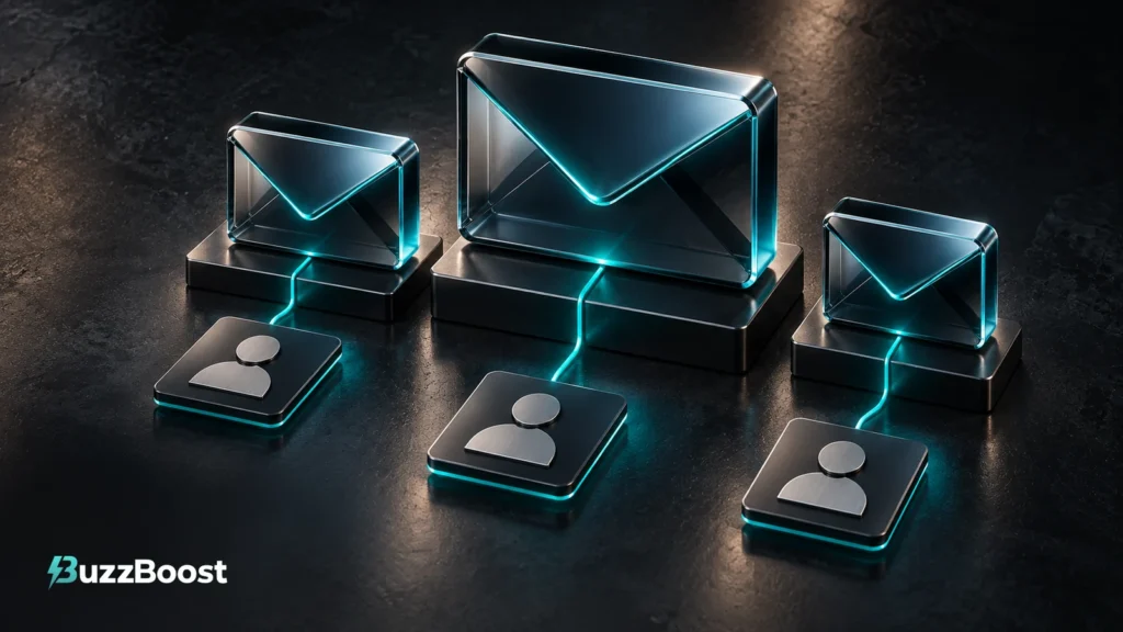 Three dark-glass envelopes of different sizes connected by fine turquoise lines to matching charcoal profile tiles.