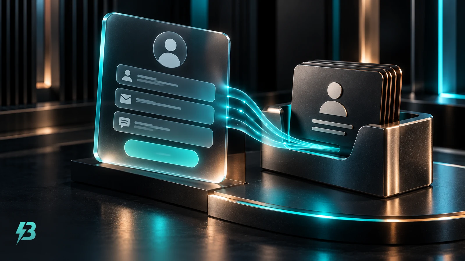 A frosted-glass panel with abstract input shapes feeds a graphite card holder through a turquoise-lit slot.
