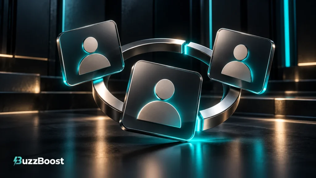 Three graphite cards with abstract avatar shapes arranged around an open metal ring with a turquoise seam.