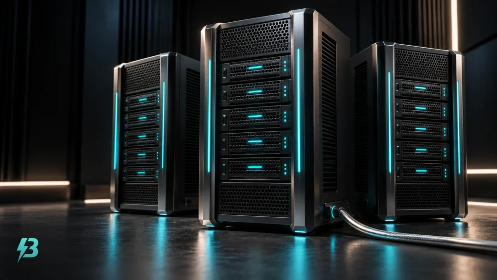 Three graphite server towers with turquoise indicator lights, ventilation details and a silver network cable in the foreground.