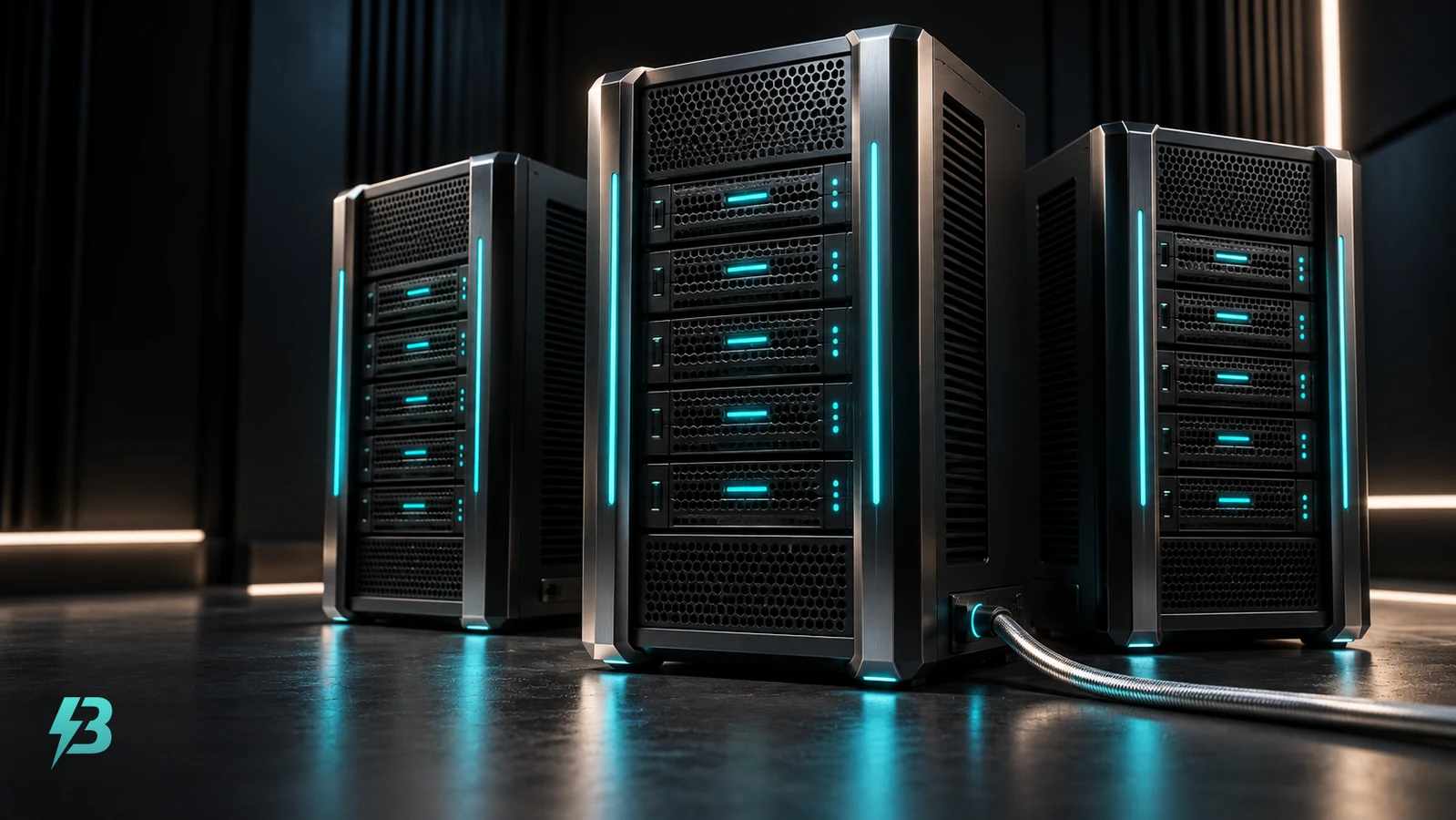 Three graphite server towers with turquoise indicator lights, ventilation details and a silver network cable in the foreground.