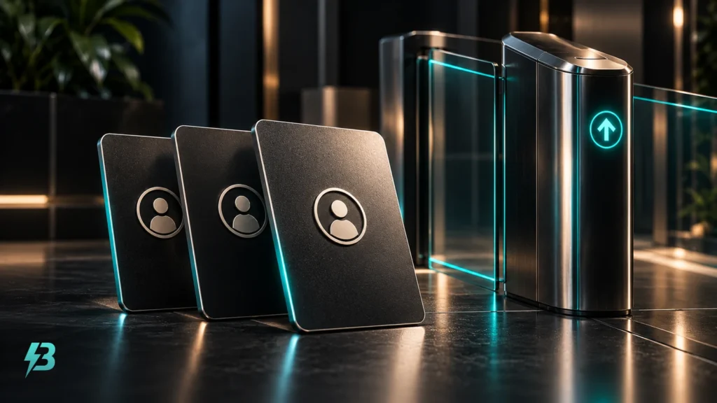 Three black metallic keycards with abstract profile icons stand beside a graphite access gate with a turquoise indicator.