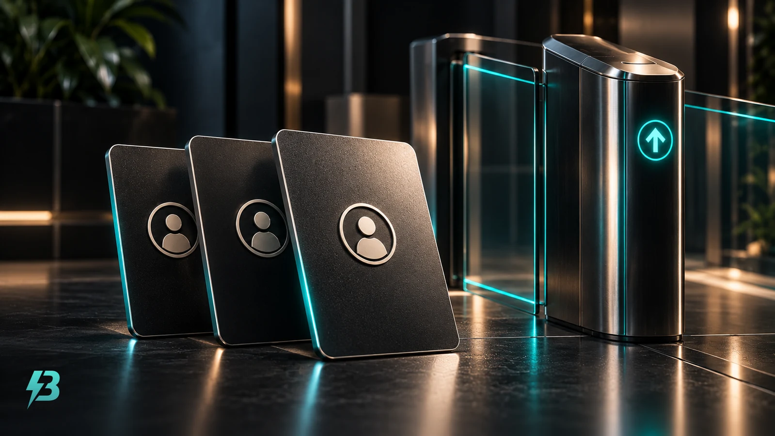 Three black metallic keycards with abstract profile icons stand beside a graphite access gate with a turquoise indicator.