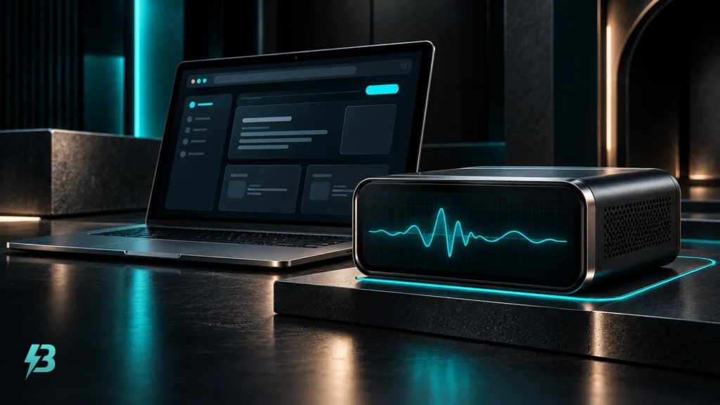A graphite diagnostic instrument displaying a turquoise waveform, with a dark browser panel behind it.