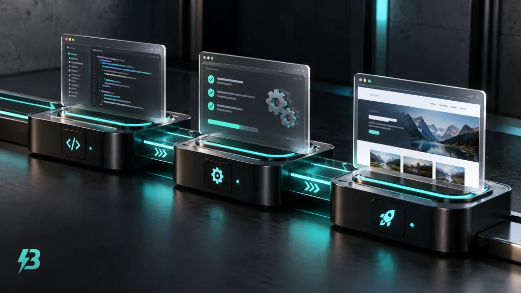 Three graphite docking stages connected by a turquoise rail, each holding a translucent webpage module.