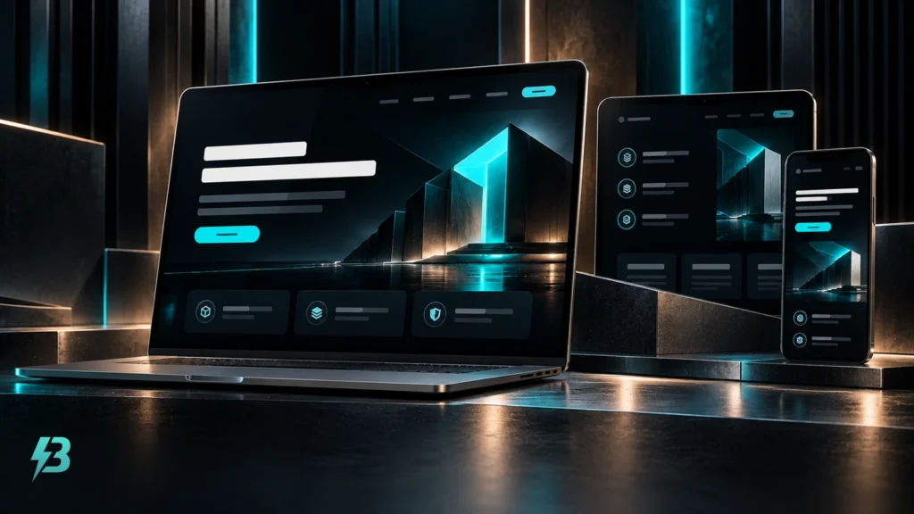 Laptop, tablet and smartphone displaying stylised dark webpage layouts with abstract text bars, turquoise buttons and architectural imagery, with the official BuzzBoost monogram printed in the lower-left corner.