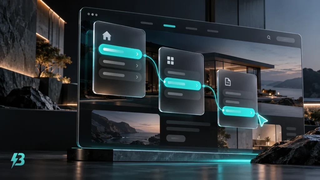 Three translucent navigation panels with turquoise buttons and a pointer sit in front of a dark architectural webpage; the BuzzBoost mark sits at the lower left.