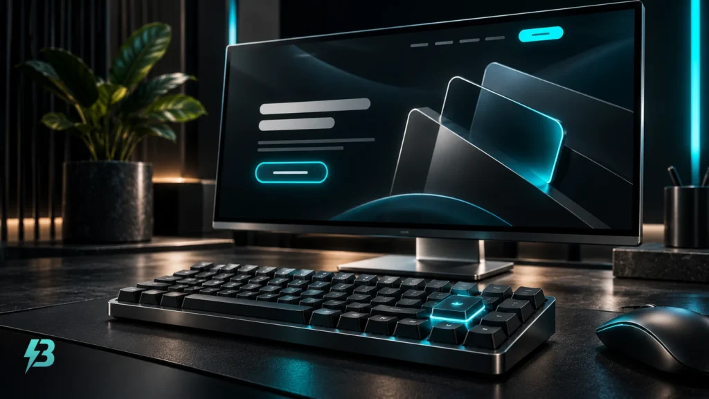 A dark keyboard with a turquoise-highlighted key beneath a stylised webpage showing a visible focus outline, with the BuzzBoost mark in the corner.