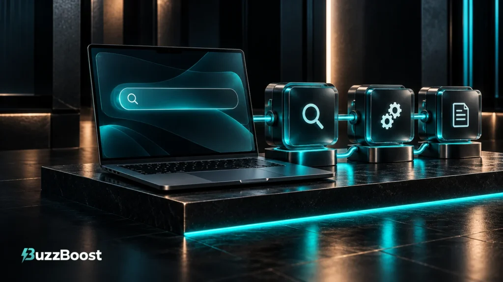 A graphite laptop, smoked-glass search panel and three connected technical modules sit on a black stone platform with turquoise lighting.