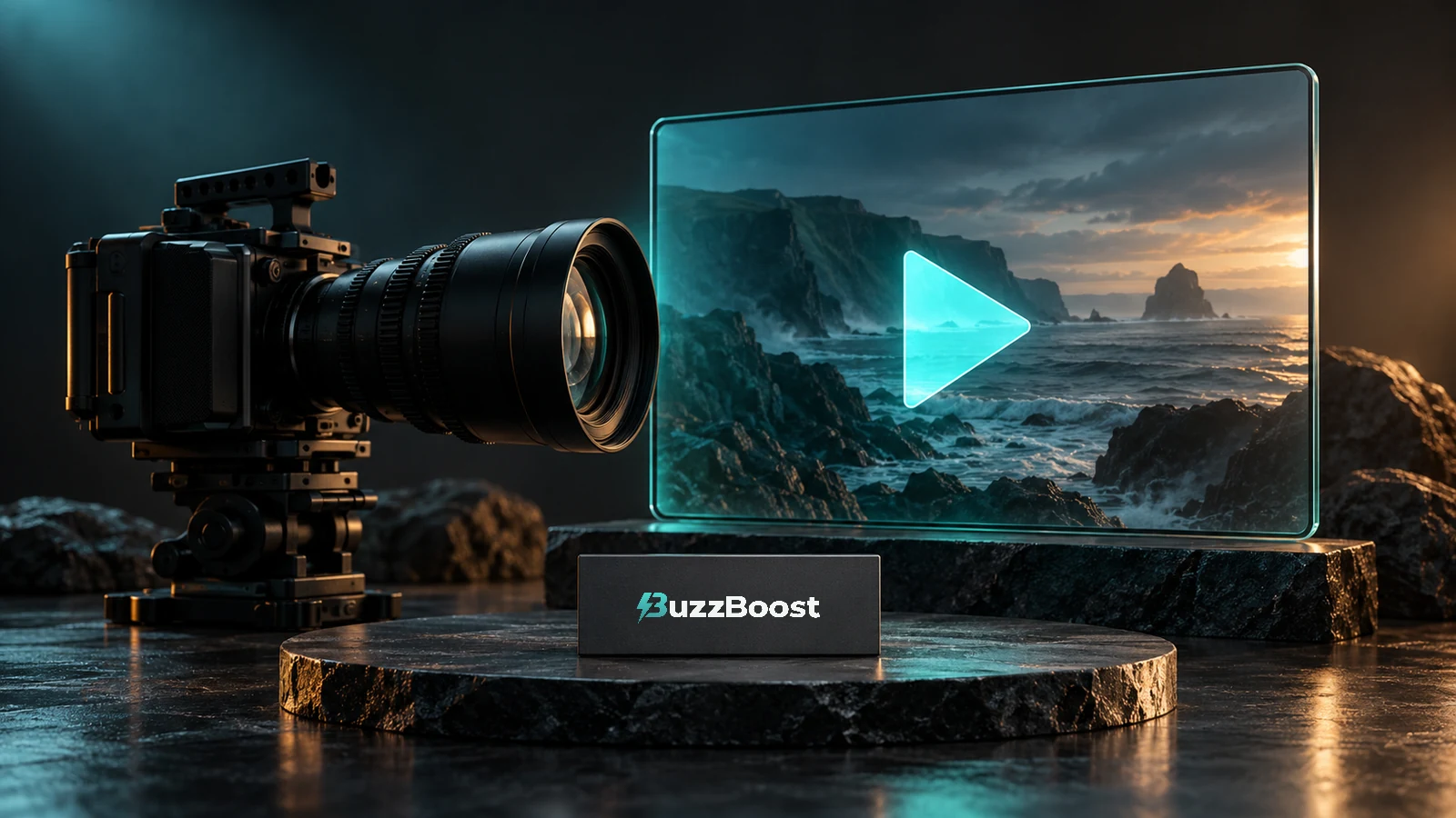 A black cinema camera beside a glass video screen showing a coastal scene and turquoise play symbol, with a small BuzzBoost-branded plaque in front.