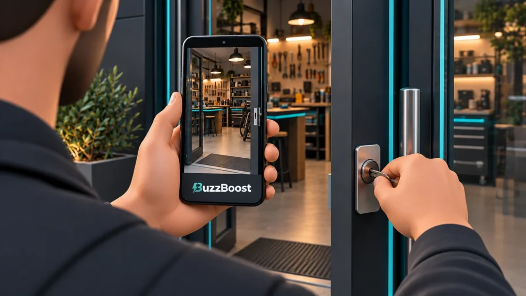 3D illustration of a business owner filming a workshop entrance on a smartphone while unlocking the door, with the BuzzBoost logo printed below the phone screen.