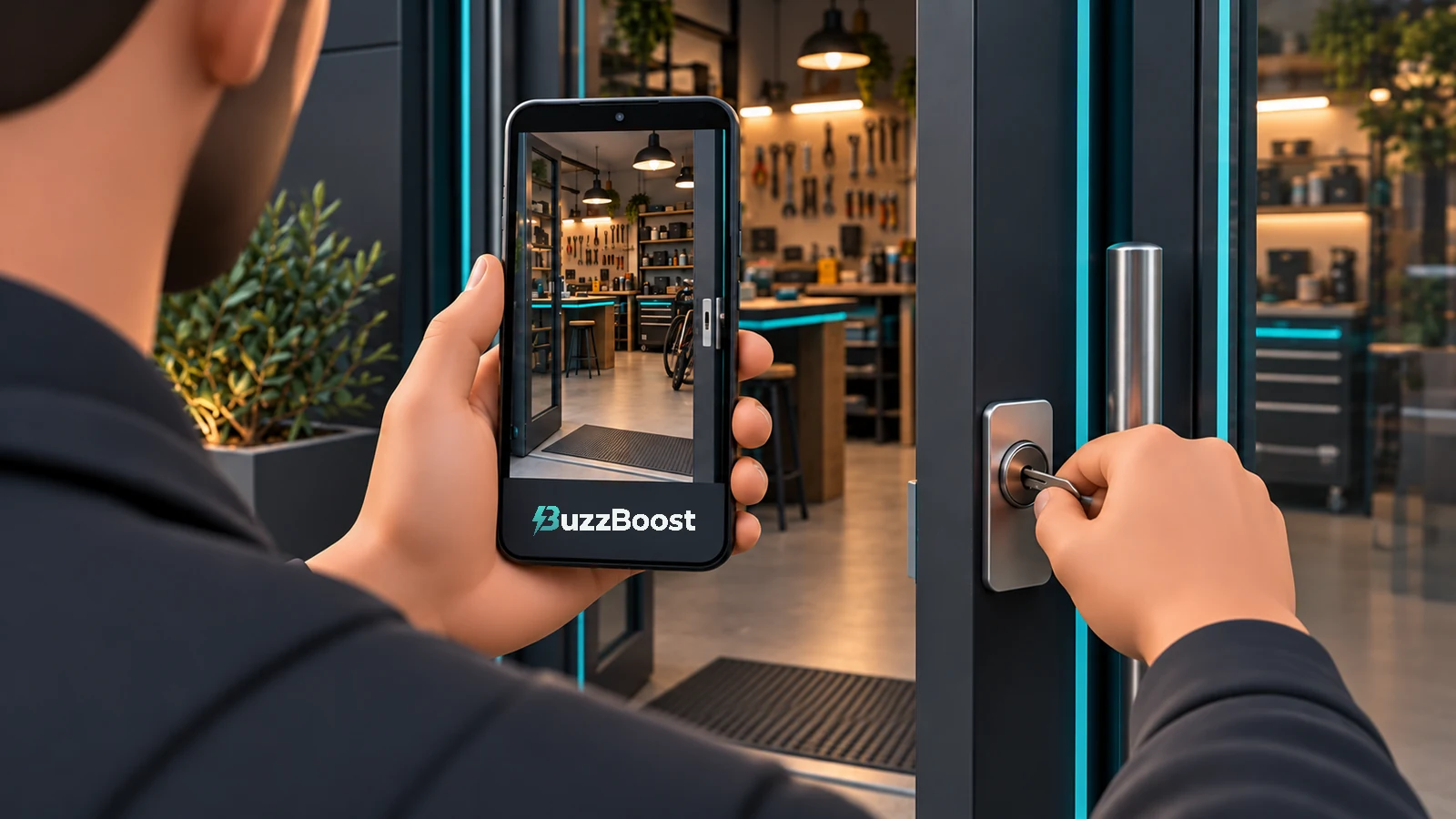 3D illustration of a business owner filming a workshop entrance on a smartphone while unlocking the door, with the BuzzBoost logo printed below the phone screen.