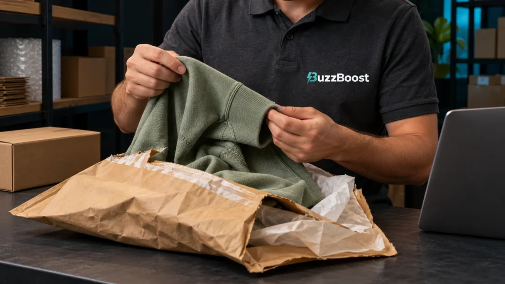 A retailer wearing a charcoal polo printed with the BuzzBoost wordmark inspects a sage-green garment above a torn-open delivery mailer and displaced protective tissue at a returns bench.