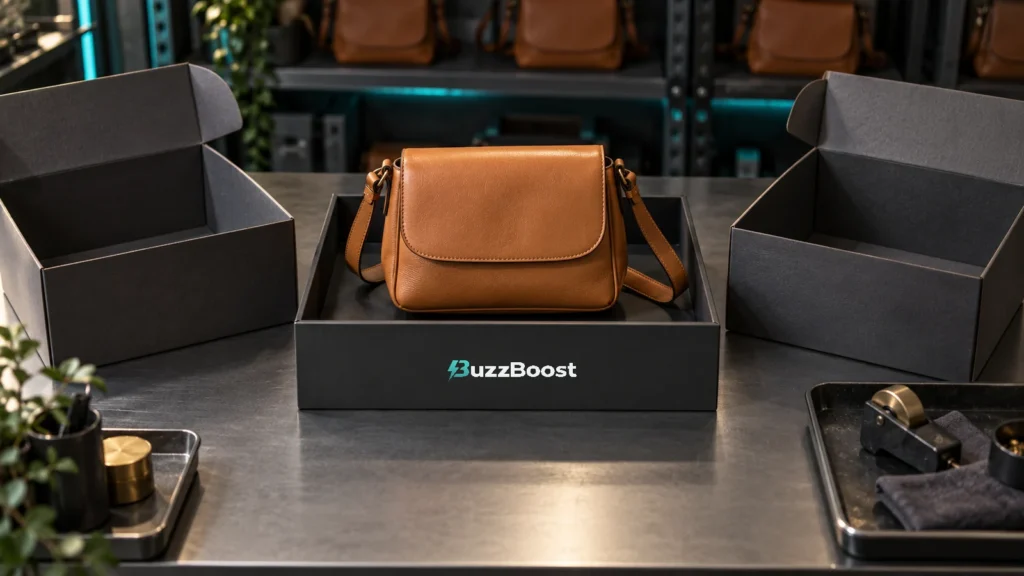 A tan crossbody bag sits on a BuzzBoost-branded stock tray between two empty shipping boxes at a fulfilment bench.