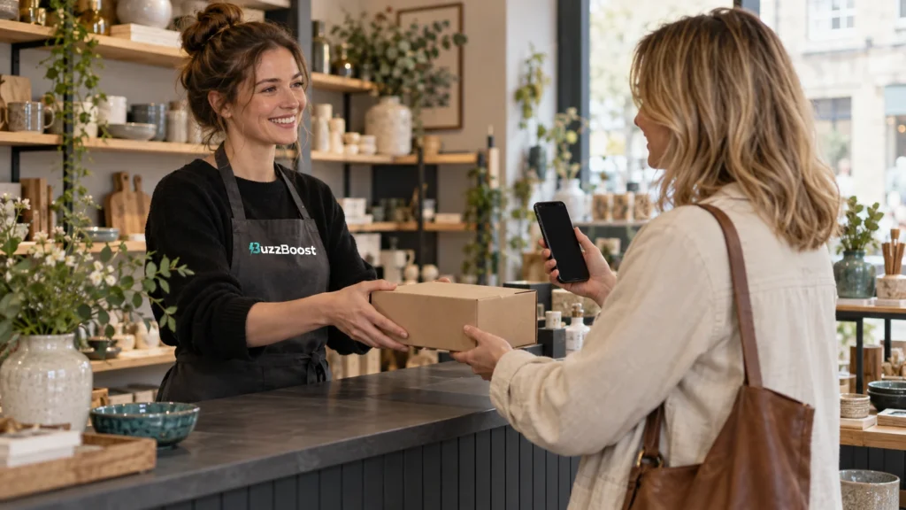 A shop assistant wearing a BuzzBoost-branded charcoal apron hands a parcel to a customer holding a phone at a homeware shop counter.