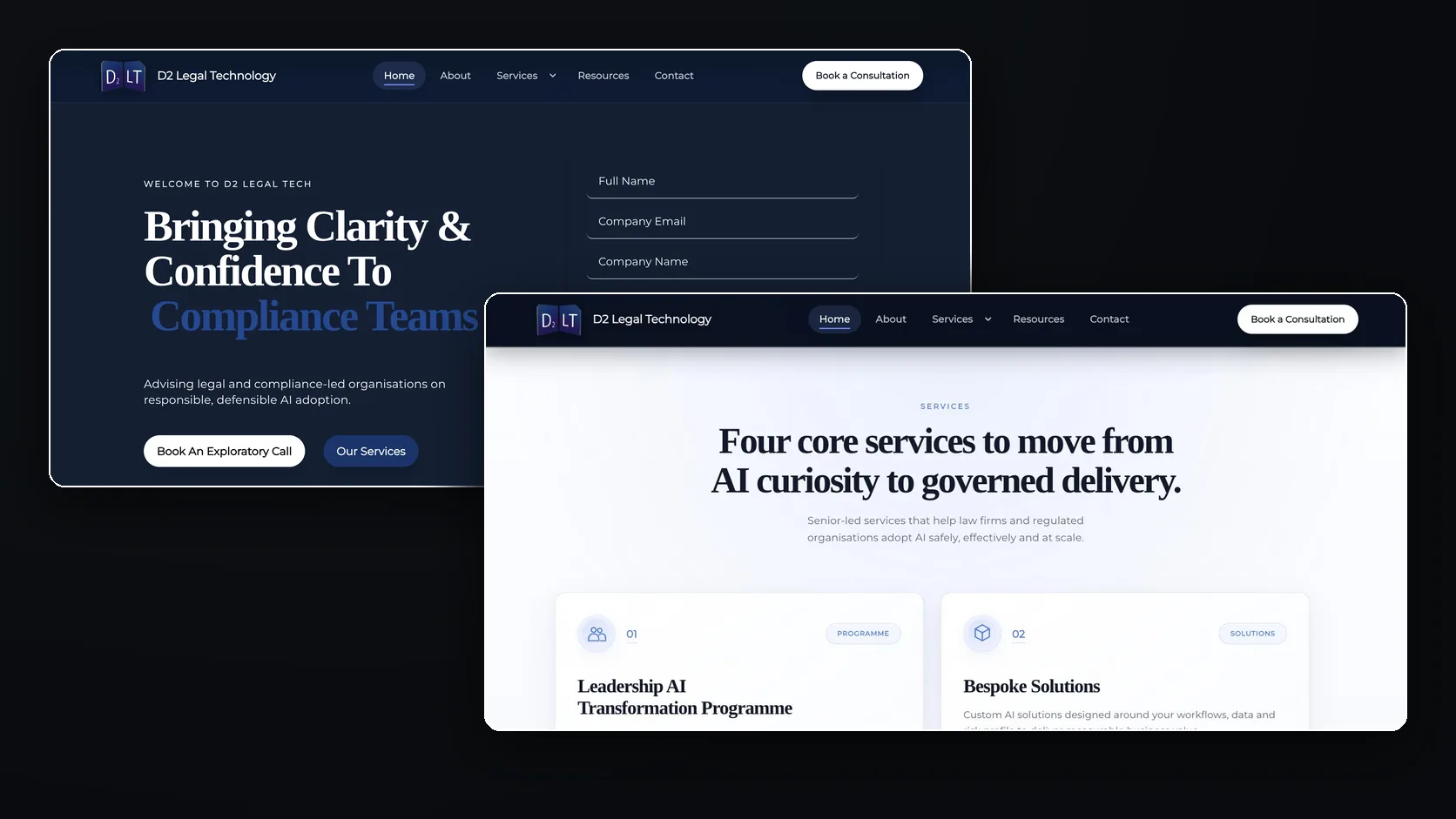 Desktop: the homepage and the four core services, each in the same format.