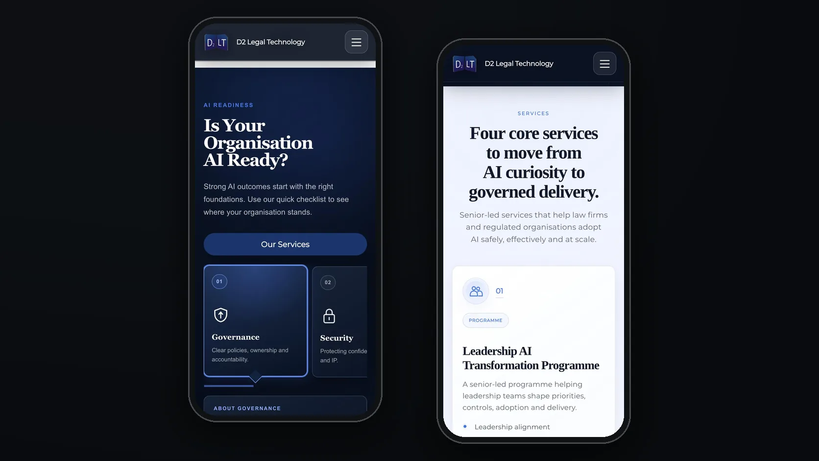 Mobile: the AI readiness checklist and the services list.