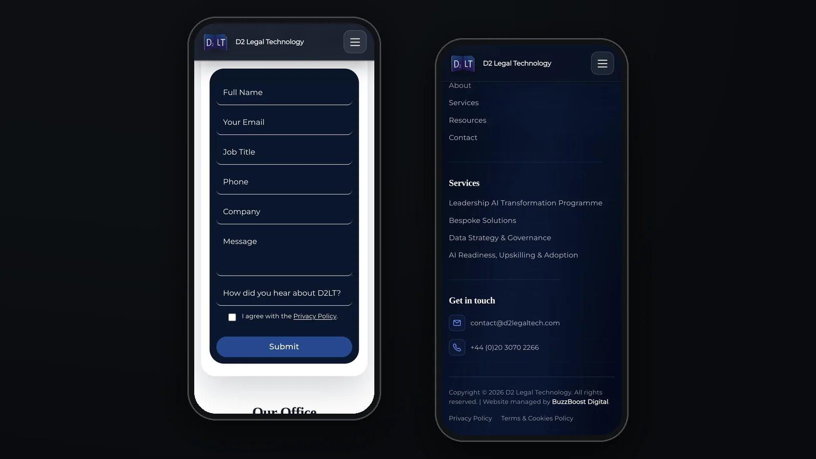 Mobile: the contact form, and the footer credit for our management.
