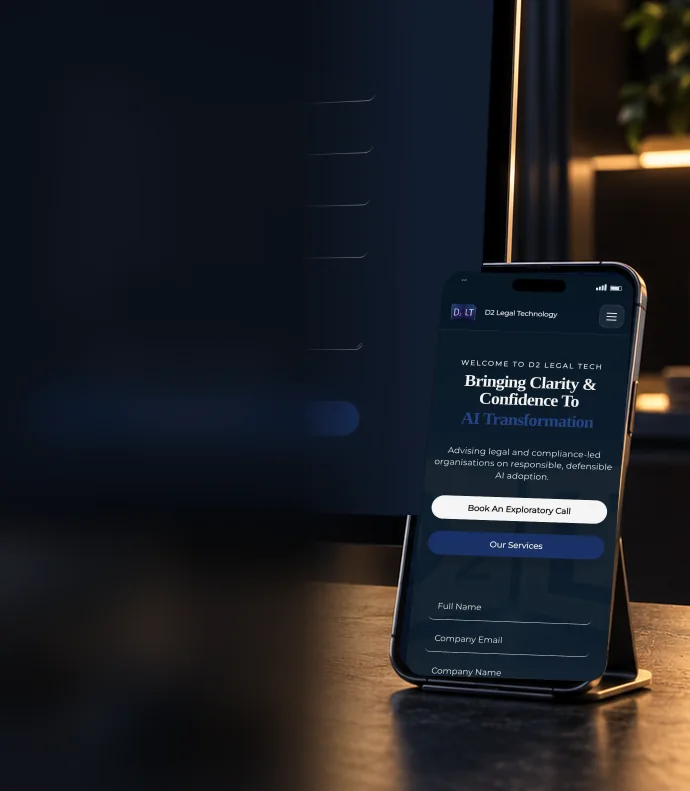 D2LT AI website on a phone on a stand, showing the homepage headline and the Book An Exploratory Call button.