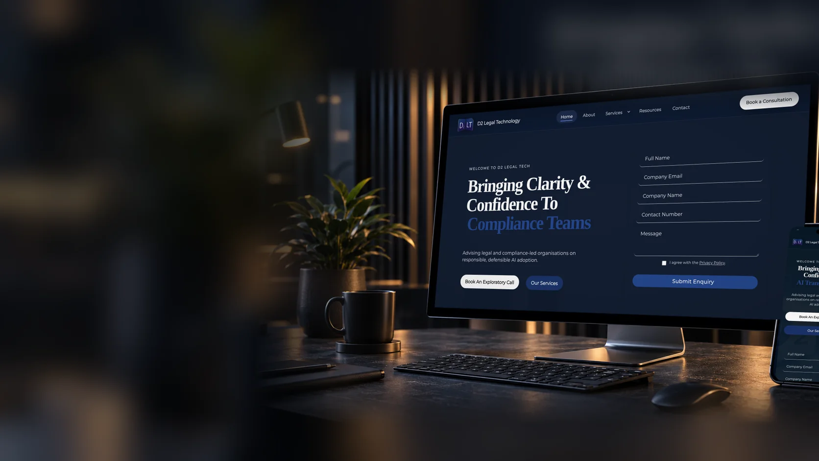 D2LT AI website (d2ltai.com) on a desktop monitor: the homepage headline “Bringing Clarity & Confidence To Compliance Teams” beside a short enquiry form.