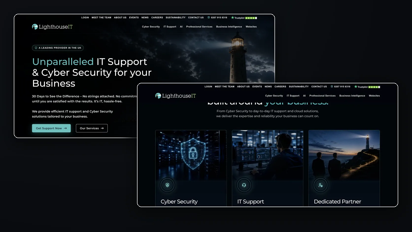 Lighthouse IT’s website: the homepage and its service cards.