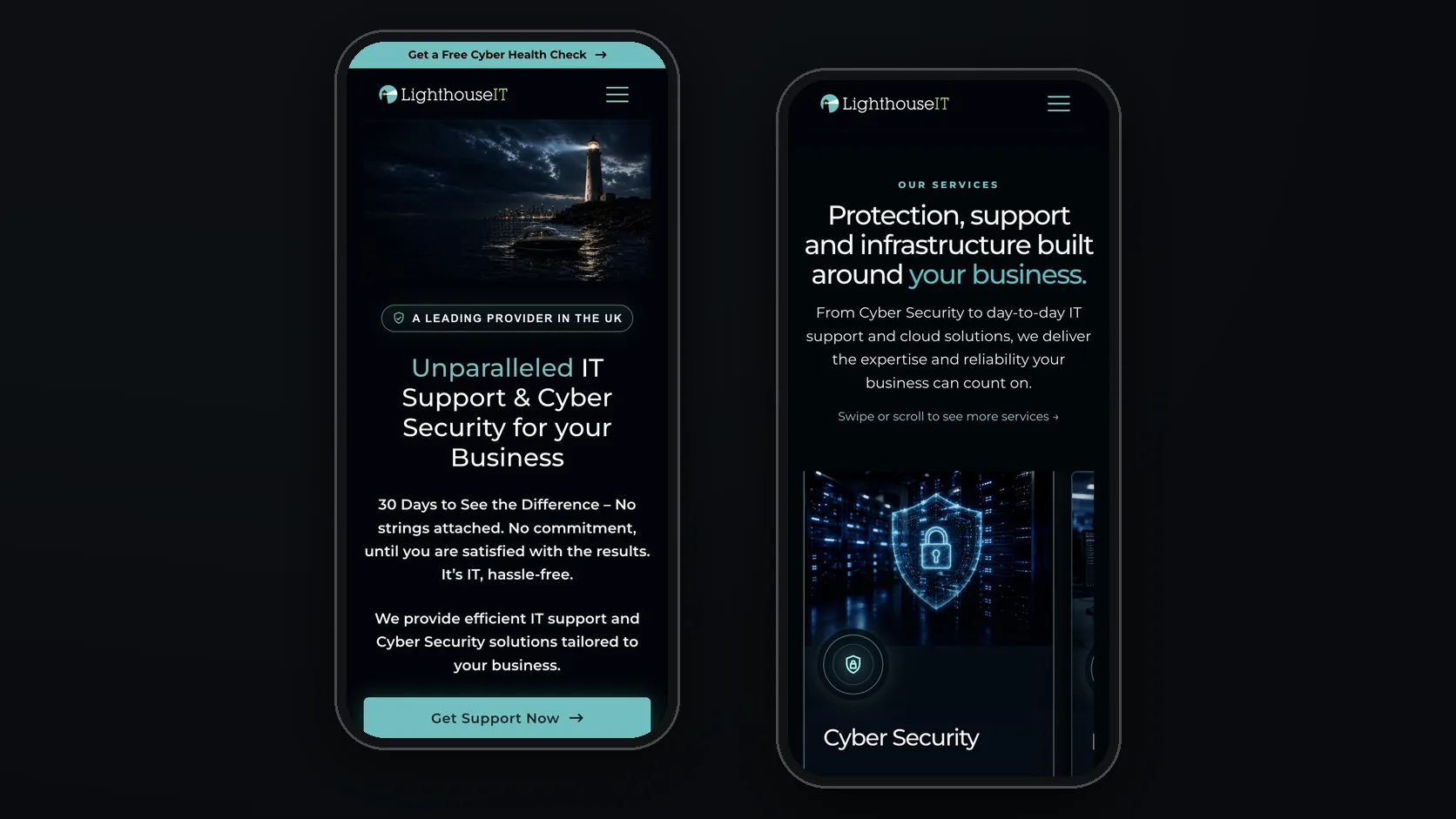 Mobile: the homepage and the service carousel.