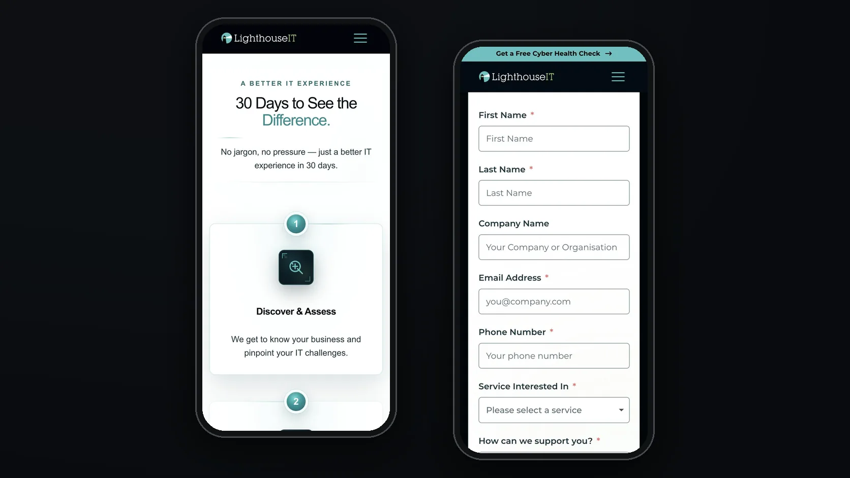 Mobile: the 30-day process and the contact form.