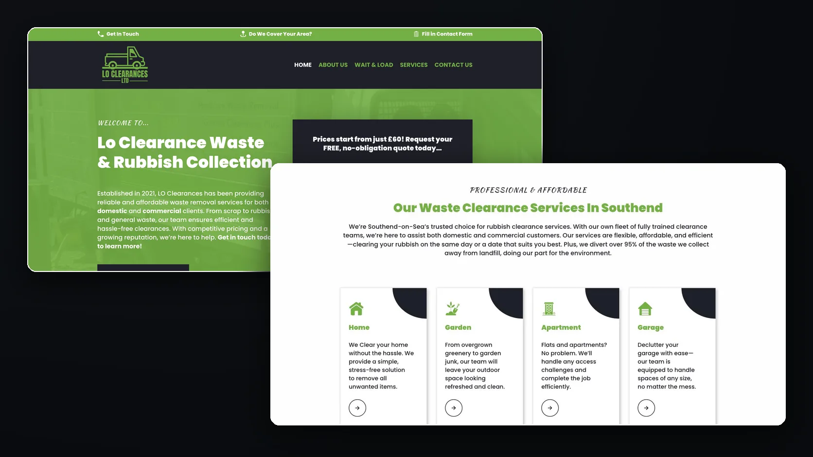Desktop: the quote form beside the introduction, then the services.