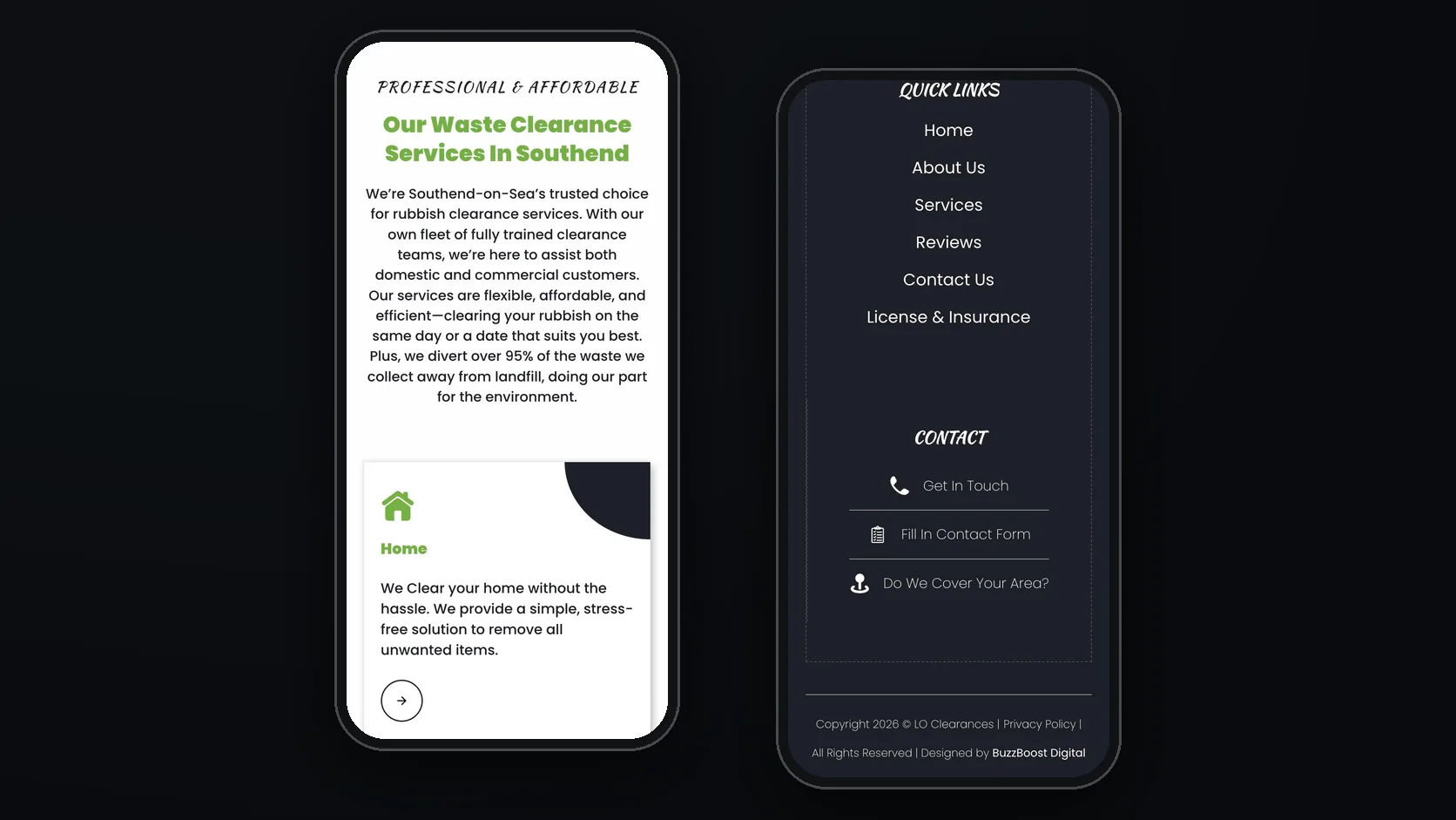 Mobile: the services section and the footer credit.
