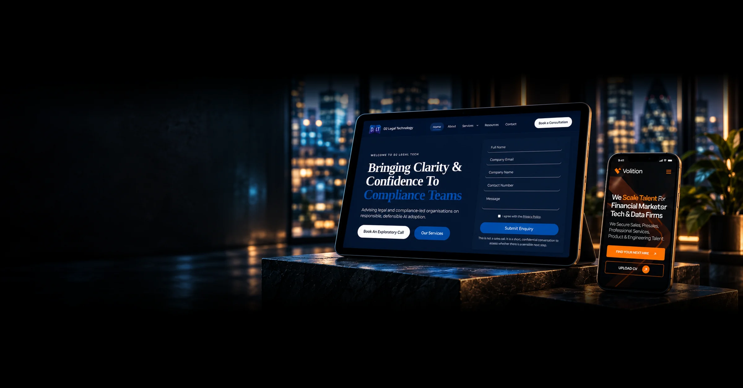 The D2 Legal Technology AI advisory website on a tablet beside the Volition website on a phone, against a city skyline at night