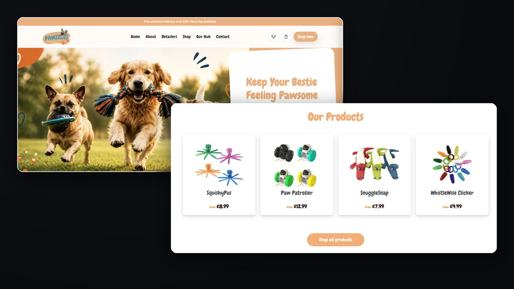 Desktop: the homepage and the product cards.