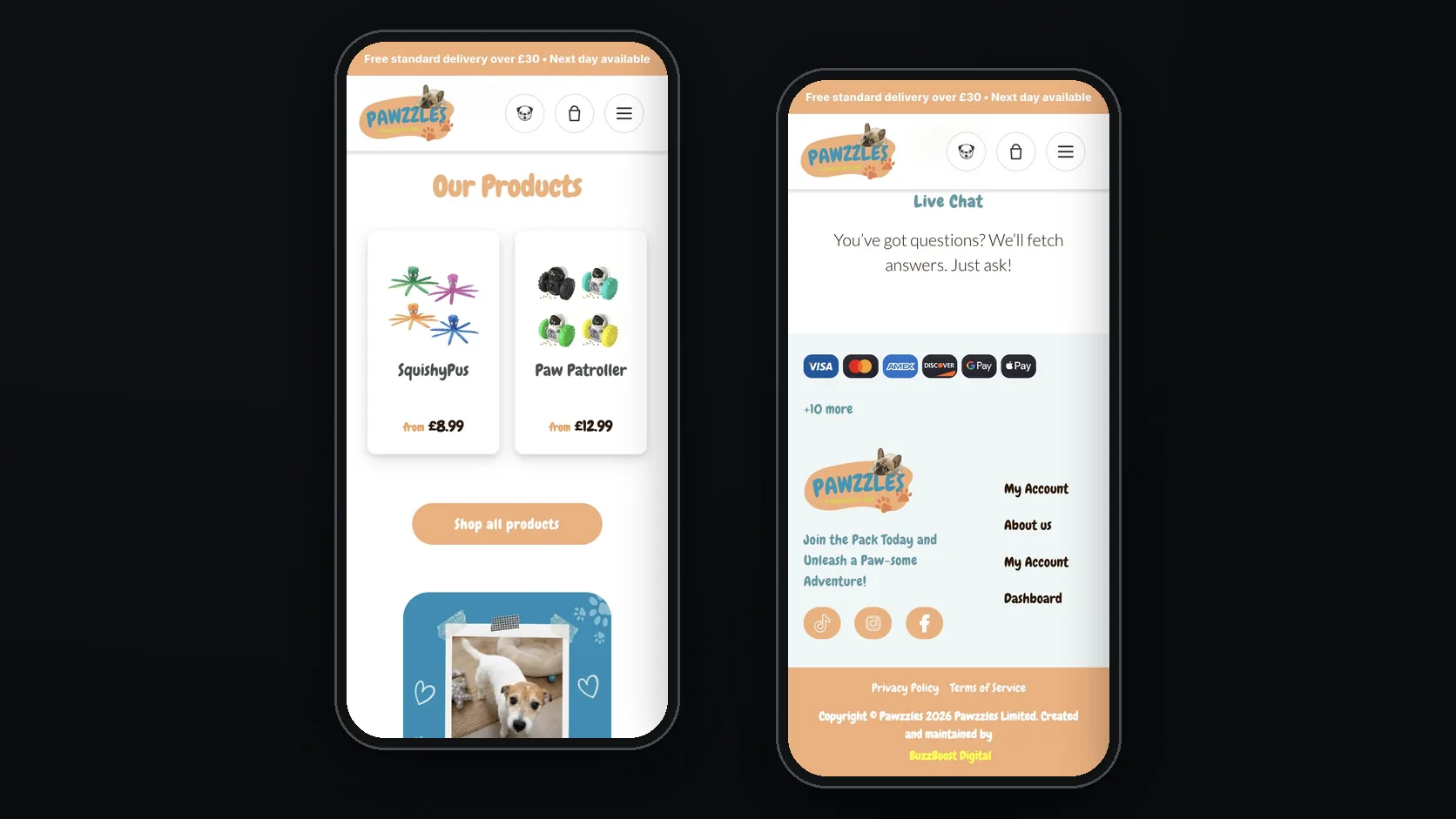 Mobile: product cards and the footer credit.