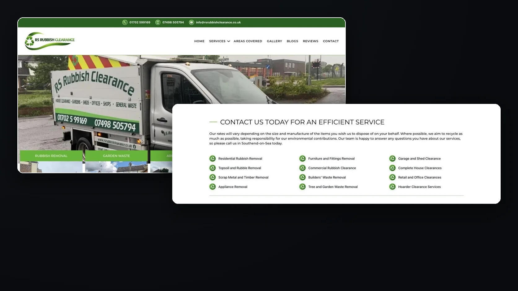 Desktop: the homepage and the services checklist.